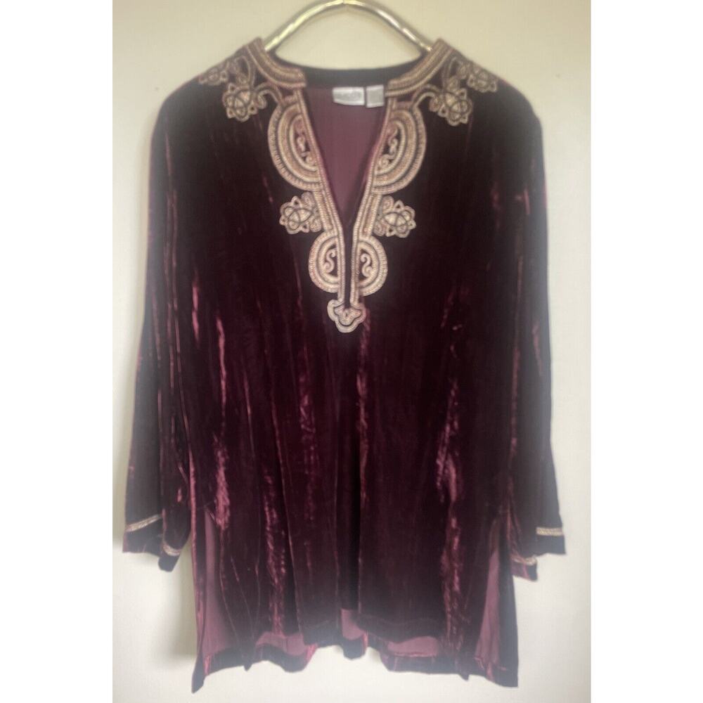 Chico's Tunic Woven Stitching Embellishment Size 2 Burgundy Women’s Top Velvet